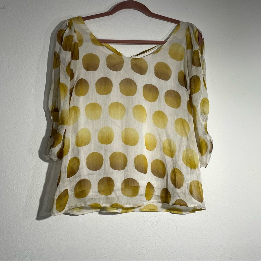 Mona B White Gold Polka Dot Blouse Small 3/4 Sleeve